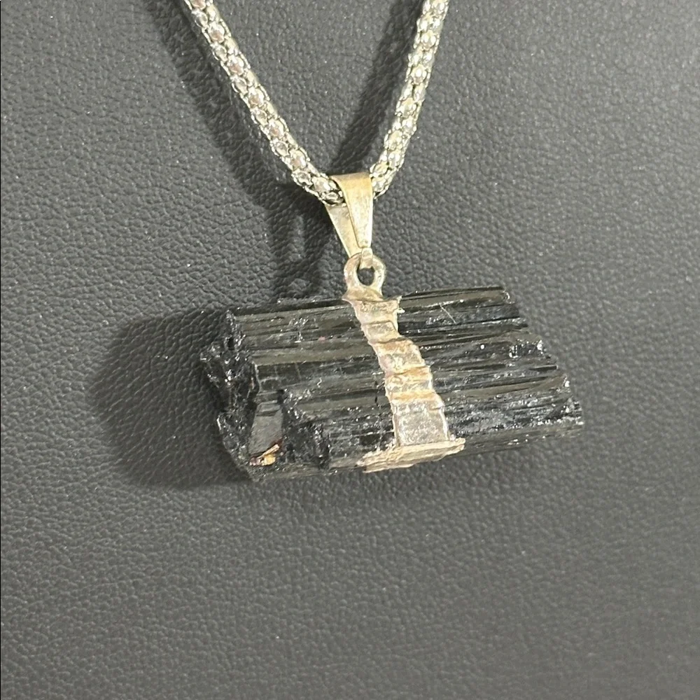 Raw Black Tourmaline Horizontal Pendant Necklace